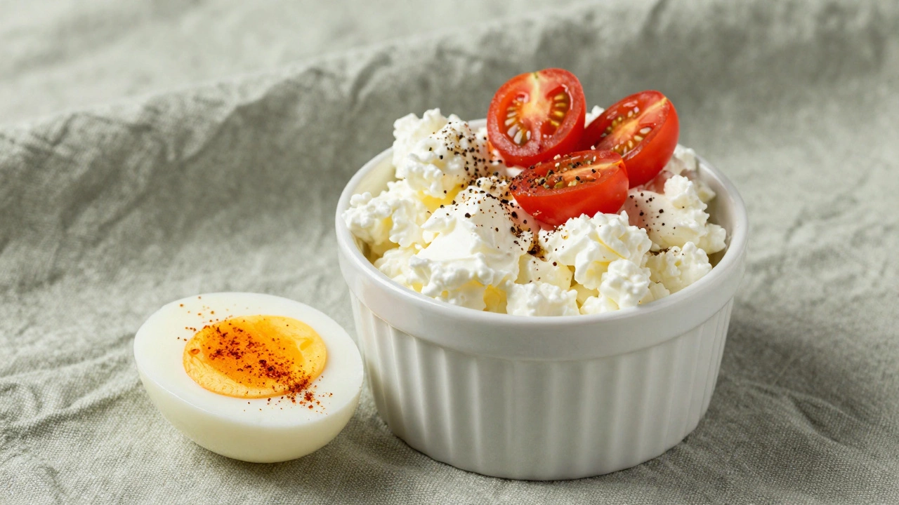 Cottage cheese with tomatoes and a hard-boiled egg snack