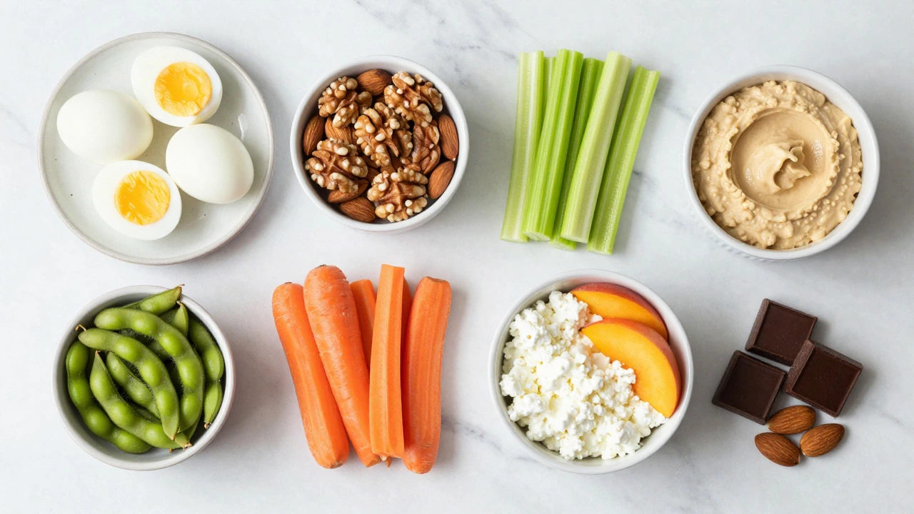 Flat lay of seven healthy snacks including eggs, nuts, veggies, and chocolate