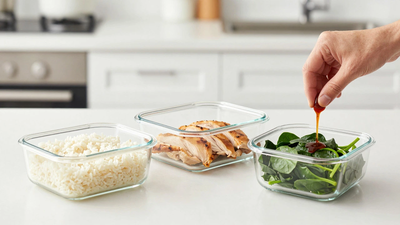 Glass containers with rice, chicken, and greens for quick meal assembly
