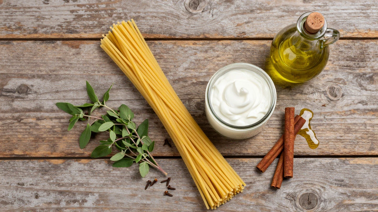 Greek pasta strands, yogurt, herbs, and spices on wood