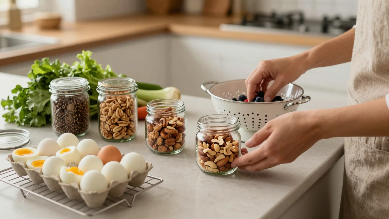 Hands preparing sensible snacks like nuts and eggs on a kitchen island