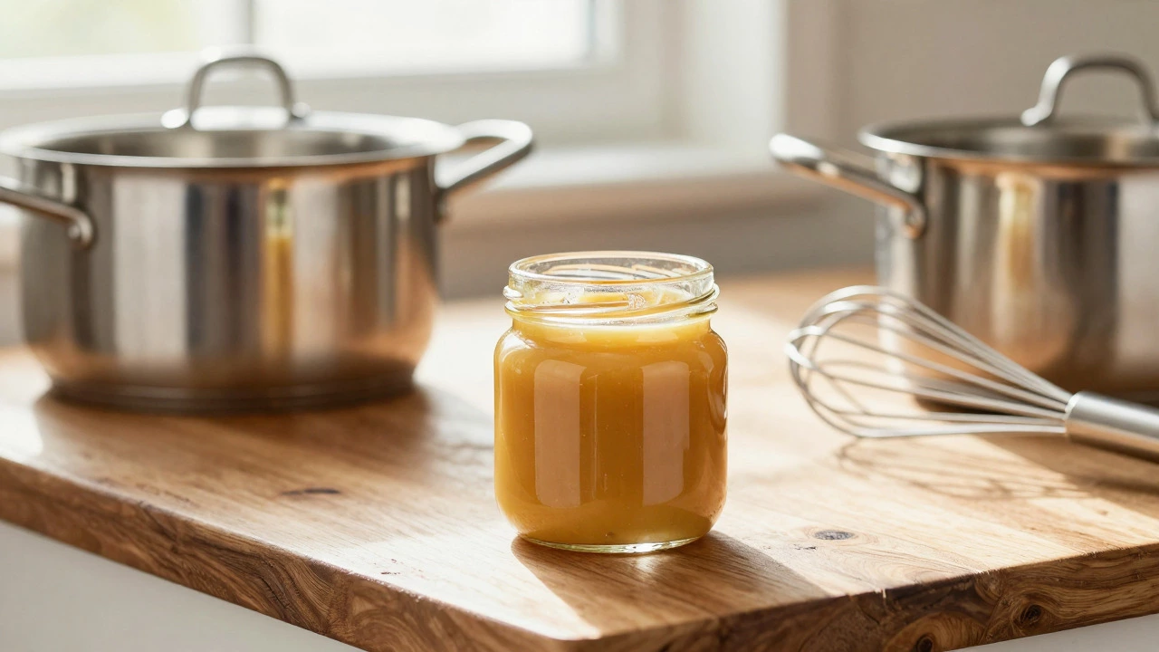 Jar of homemade ghee on a sunny kitchen table