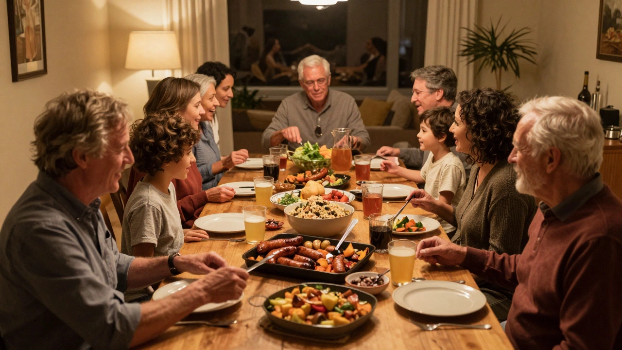 Large family laughing and eating together at a buffet-style dinner party