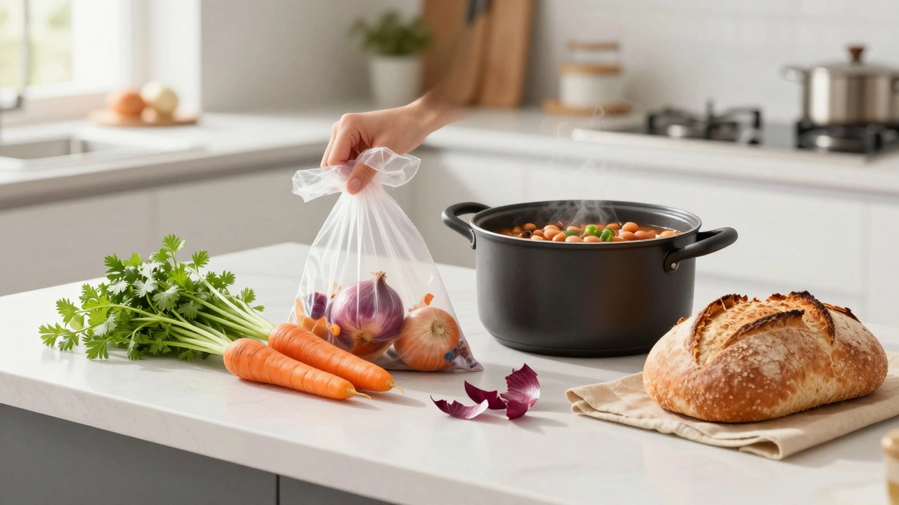 Modern kitchen scene showing vegetable scraps for stock and a pot of bean stew.