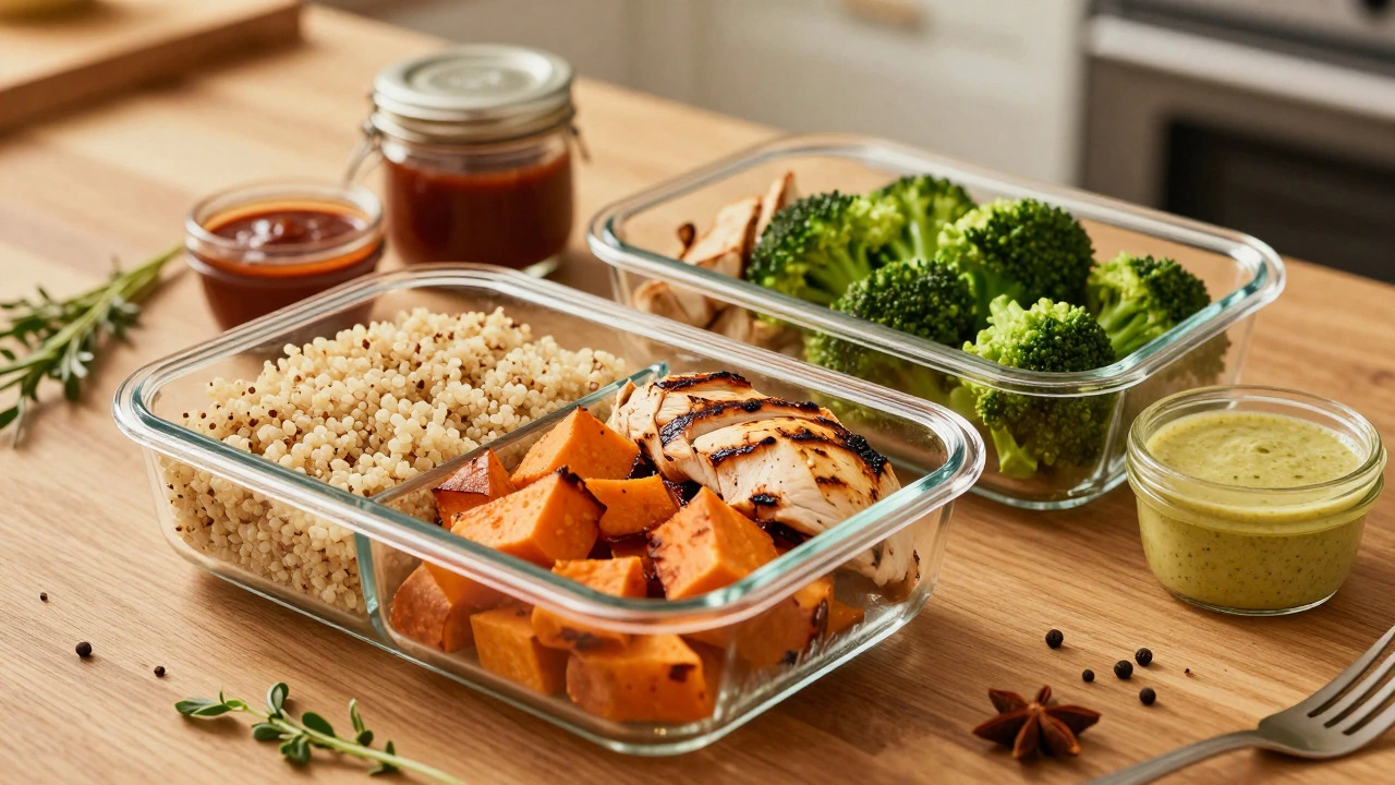 Organized meal prep containers with grains, veggies, and protein