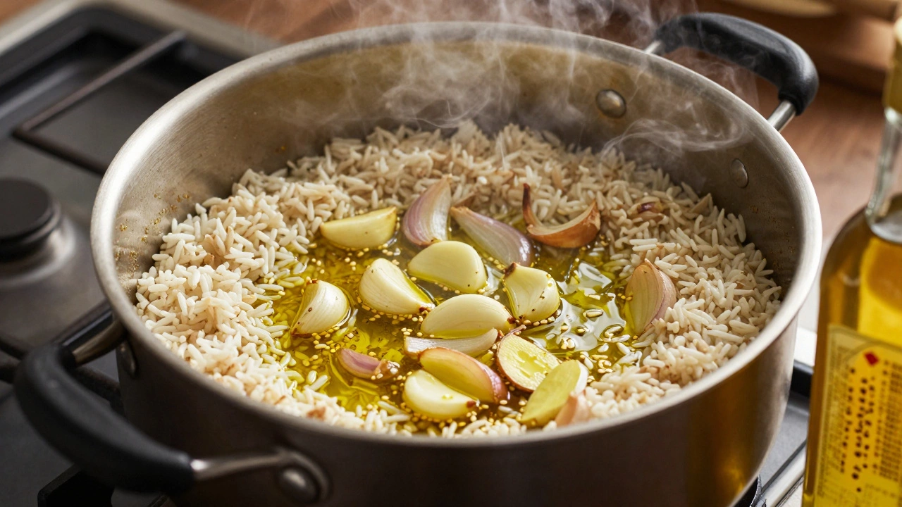 Rice being toasted with garlic, ginger, and oil in a steaming pot