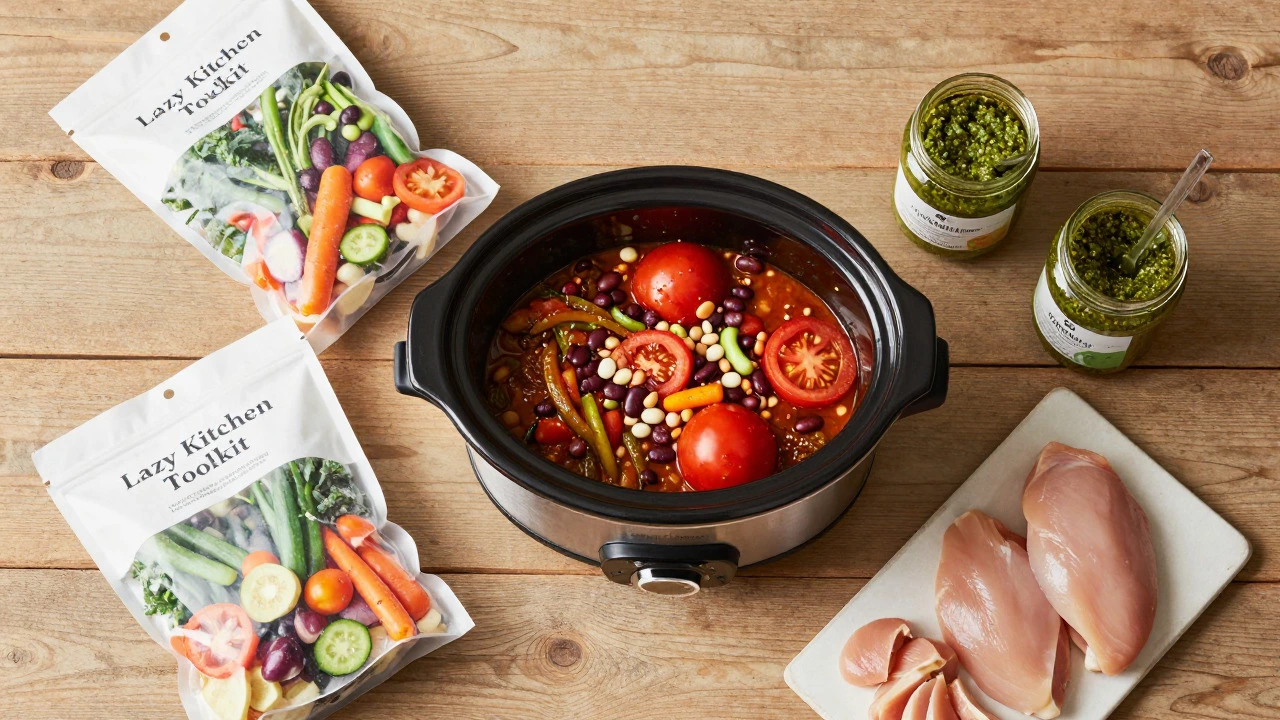 Slow cooker and easy cooking ingredients arranged on a wooden table