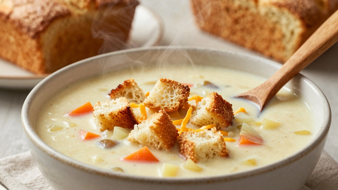Steaming bowl of potato soup with cheese croutons and cornbread on a table.