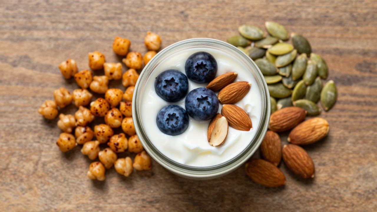 Top-down view of Greek yogurt, nuts, and roasted chickpeas
