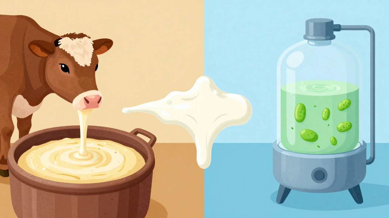 Visual comparison of traditional animal rennet versus modern microbial rennet production