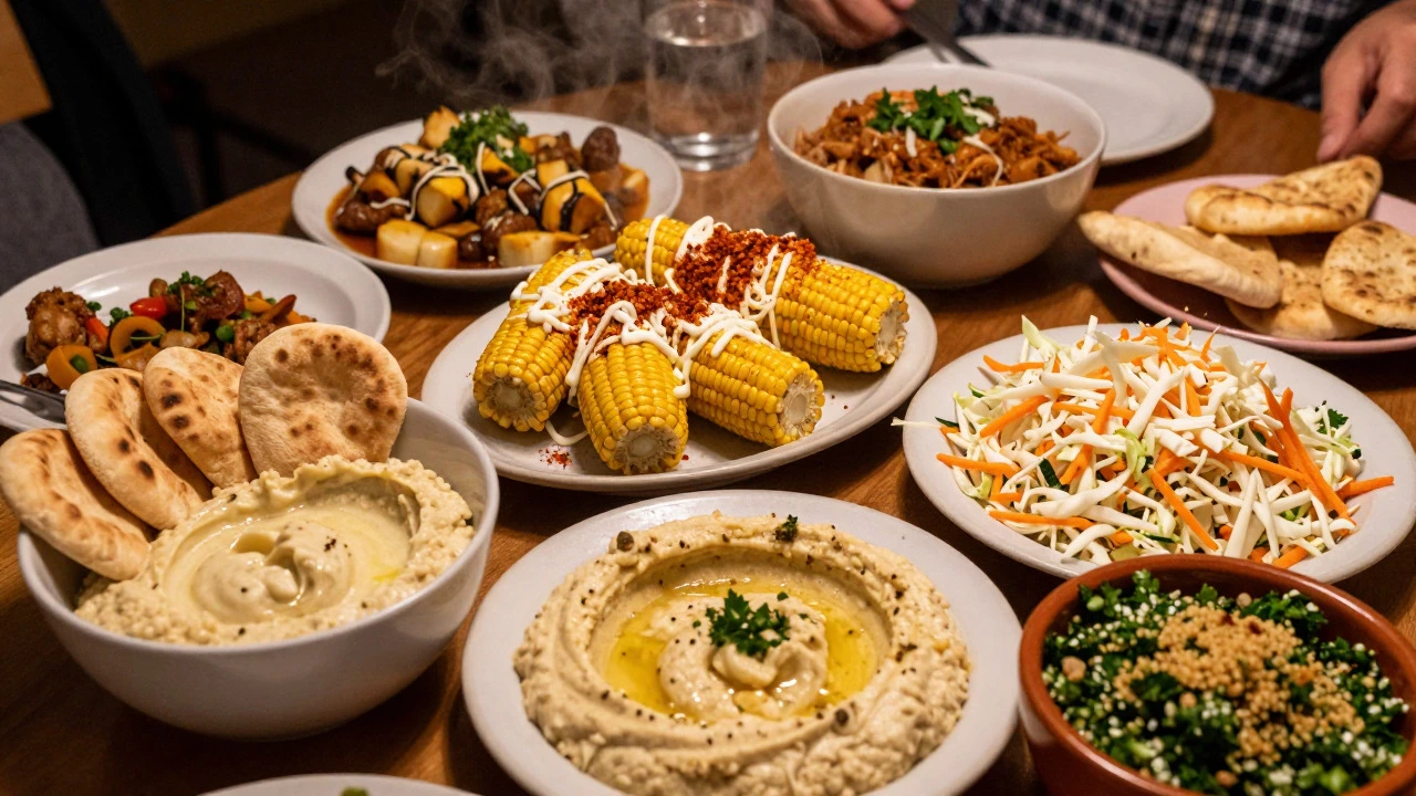 Assorted global side dishes including hummus, elote, coleslaw, and tabbouleh