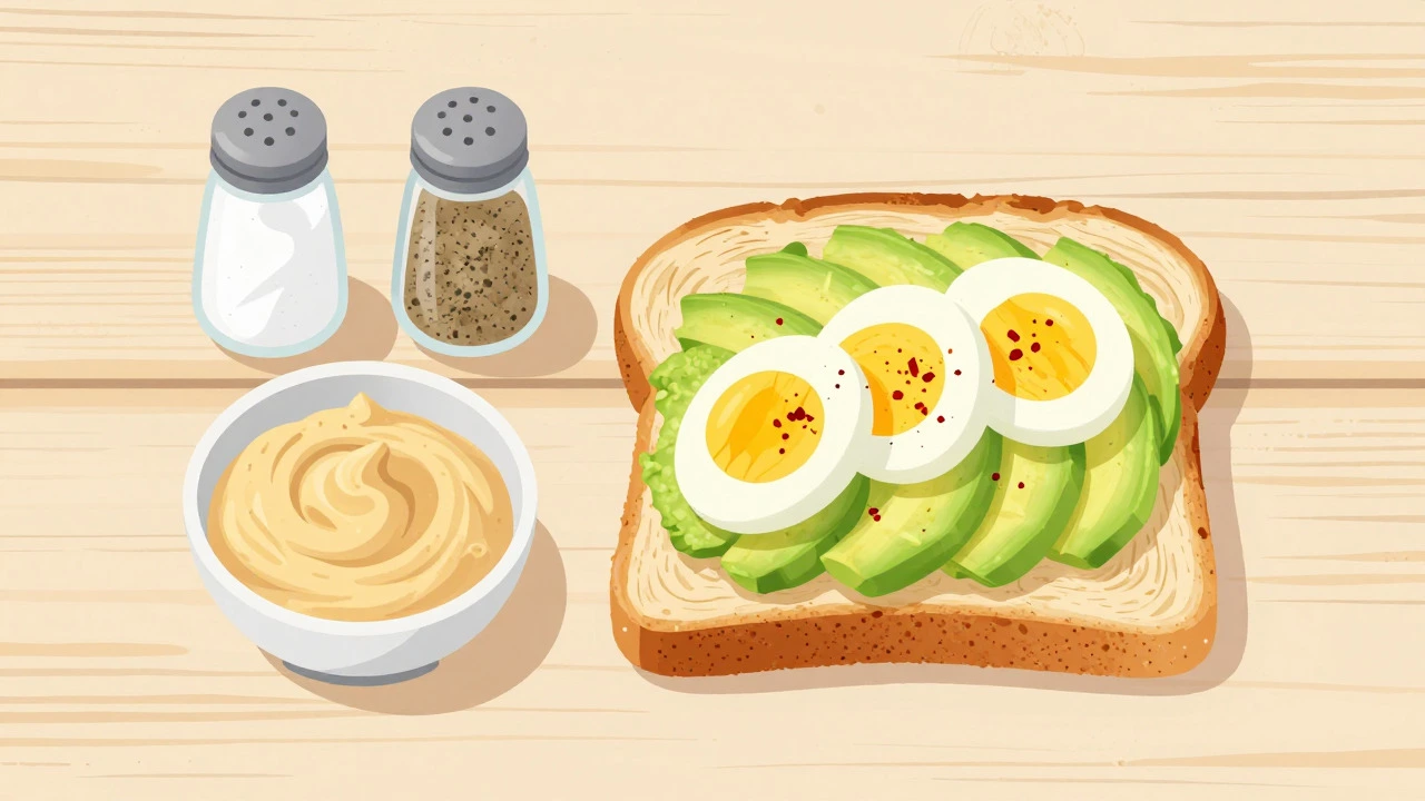 Avocado and egg toast on a wooden table with condiments