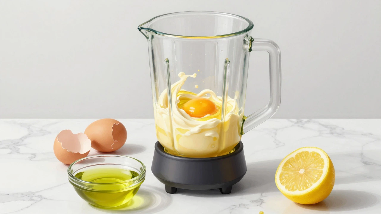 Blender mixing oil and egg yolk to make homemade mayonnaise