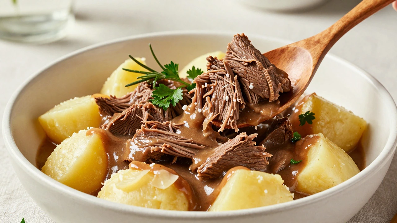 Bowl of shredded beef and tender potatoes in savory gravy