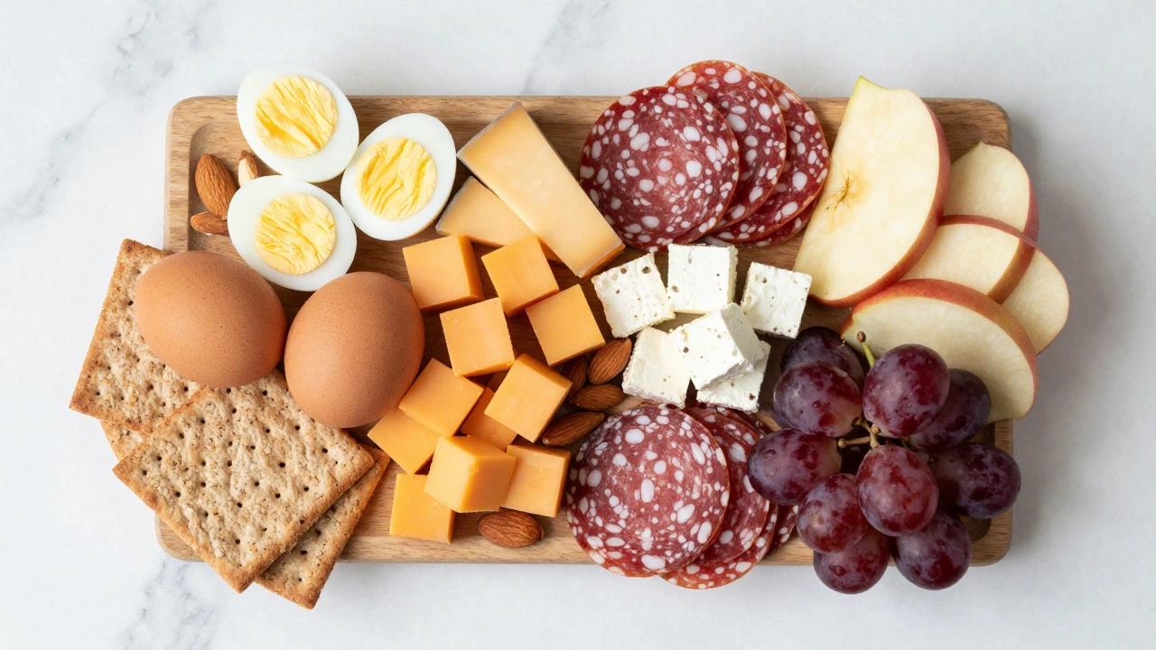 Charcuterie lunch plate with cheese, meat, fruit, nuts, and crackers