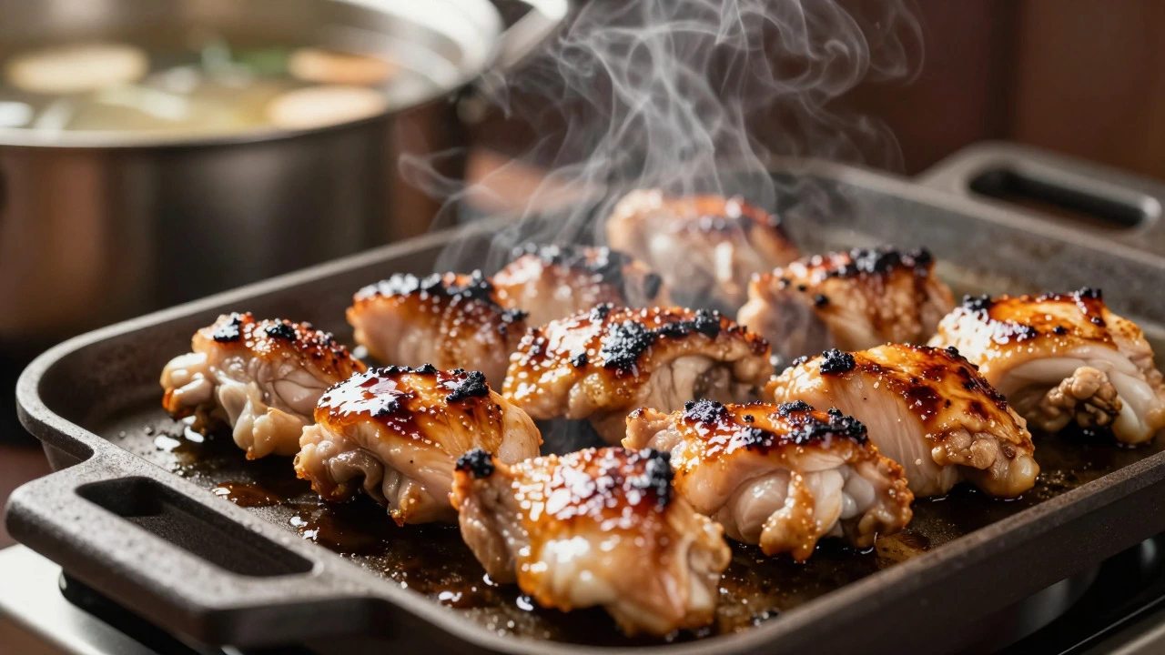 Close-up of marinated chicken pieces grilling on a stovetop pan with rising steam