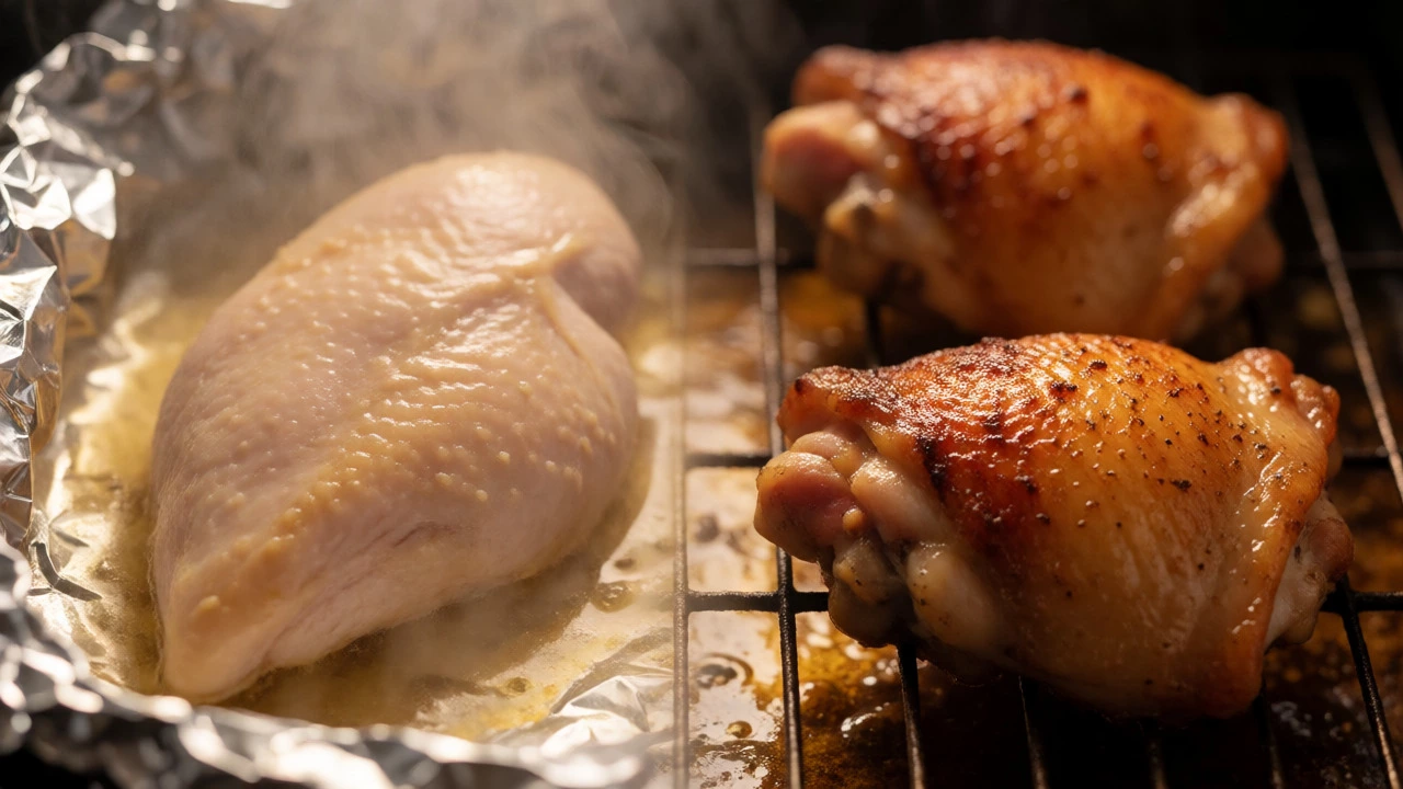 Comparison of steamed covered chicken and crisped uncovered chicken thighs