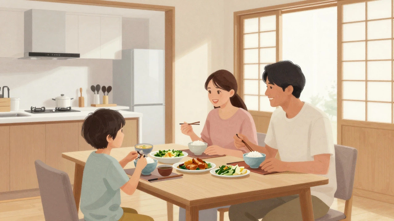 Family enjoying a multi-dish Japanese dinner together at a low table in a bright kitchen
