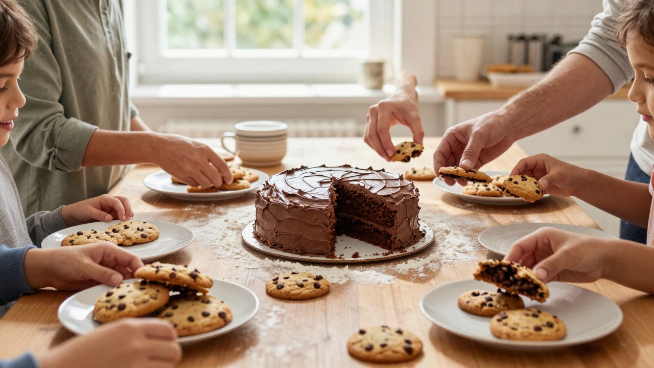 Family sharing chocolate cake and cookies at a sunlit kitchen table