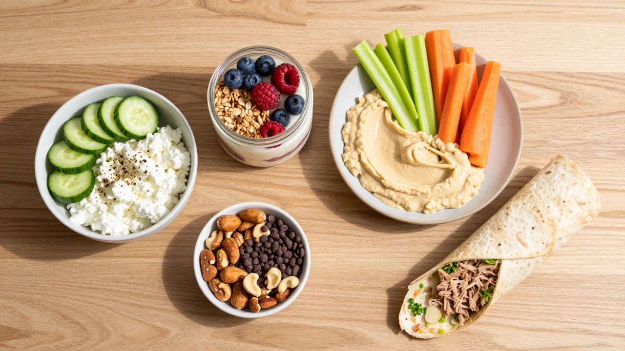 Flat lay of five quick no-cook lunch options including yogurt parfait and hummus
