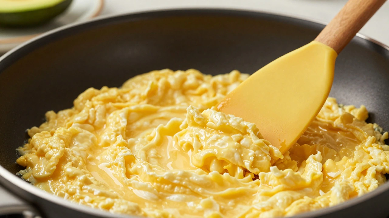 Fluffy scrambled eggs cooking in pan with sliced avocado