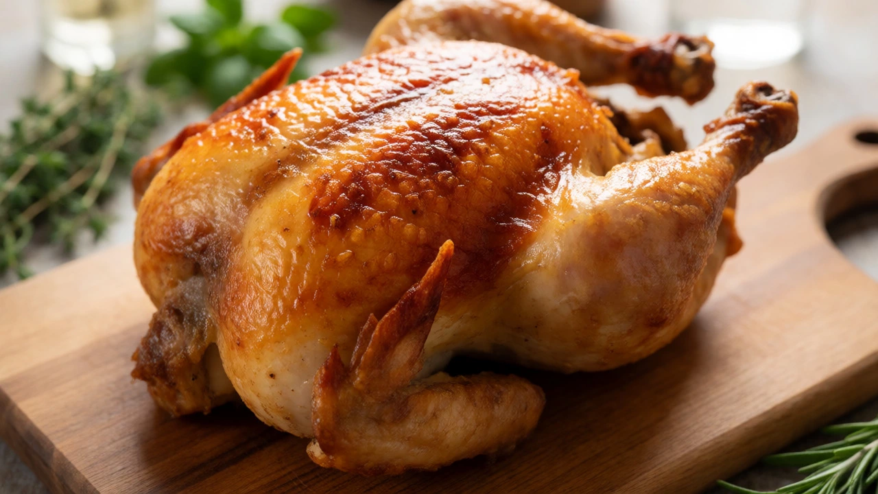 Golden-brown roasted chicken with crispy skin resting on a wooden board