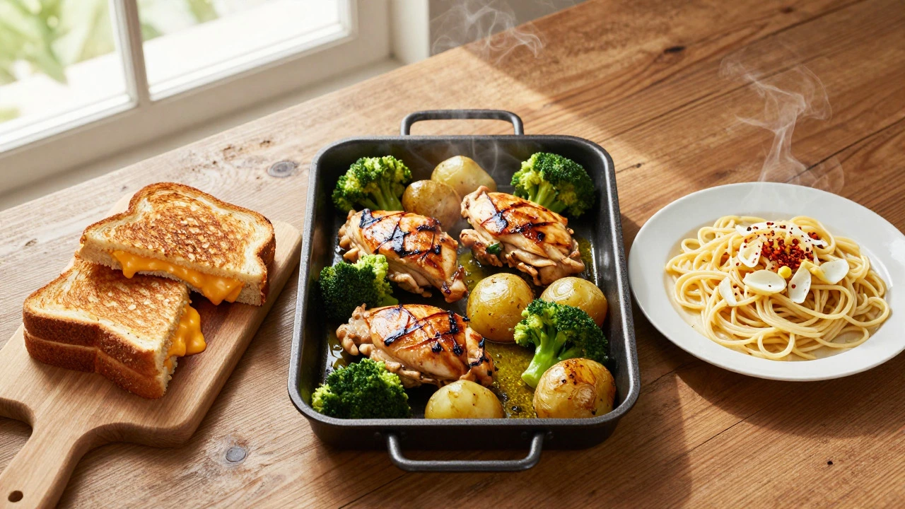 Grilled cheese, sheet pan chicken, and pasta on wooden table
