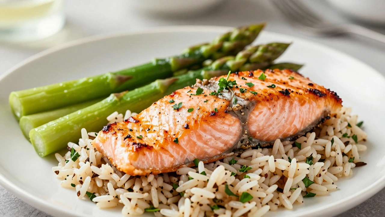 Grilled salmon served with wild rice pilaf and steamed asparagus on a white plate