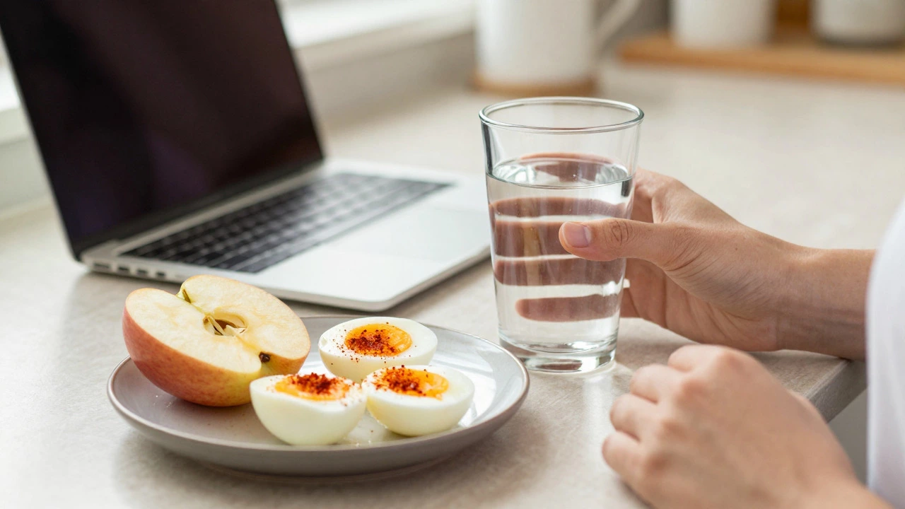 Hands holding water and a plate of hard-boiled eggs and fruit at a desk