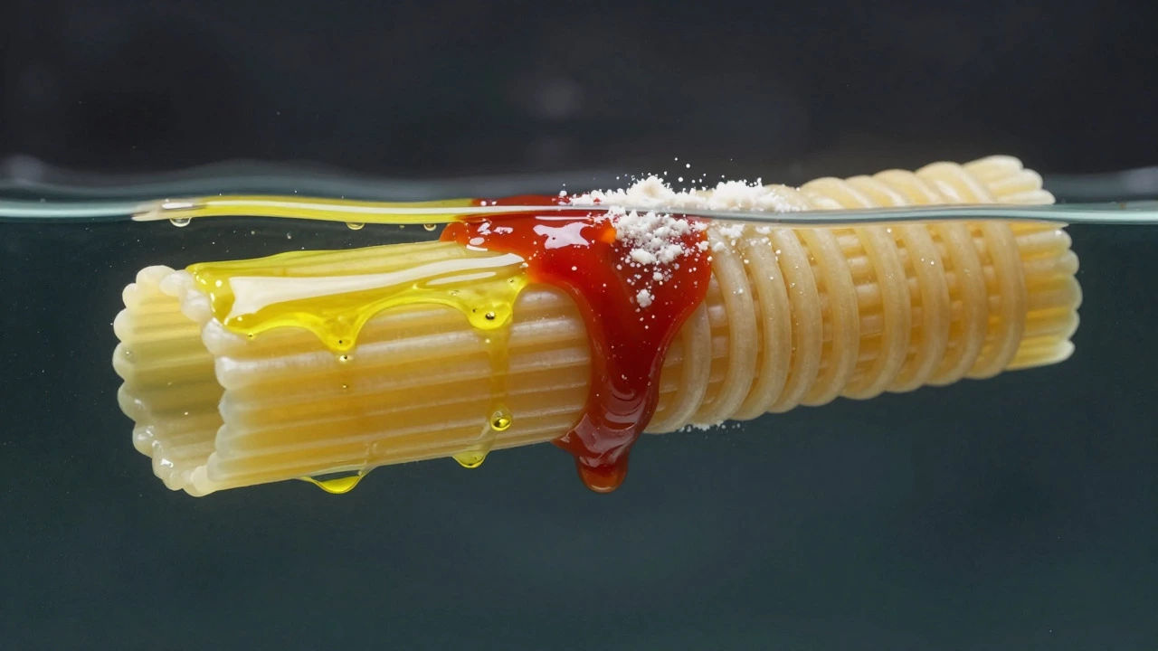 Illustration comparing sauce adhesion on oiled versus plain pasta strands