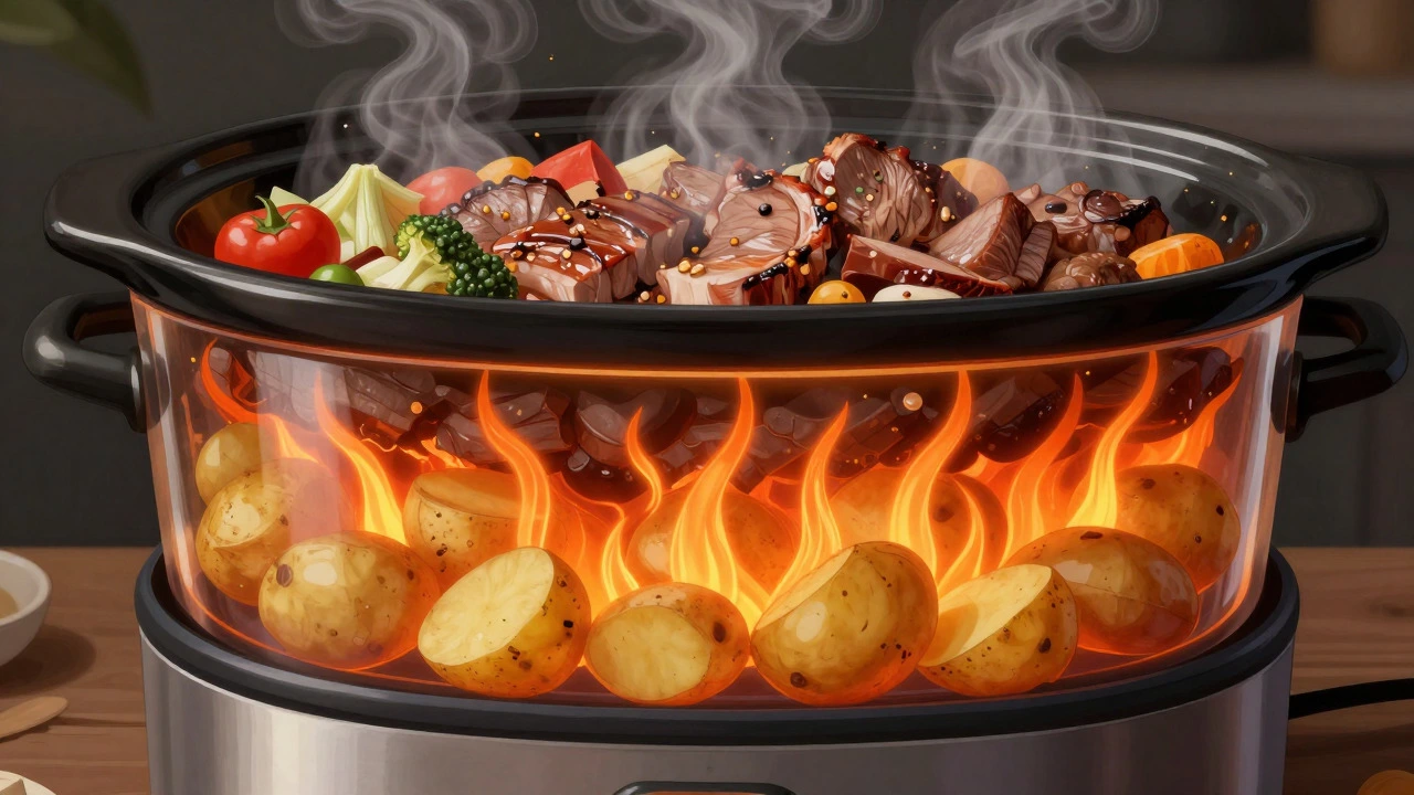 Illustration of heat rising through layered slow cooker ingredients