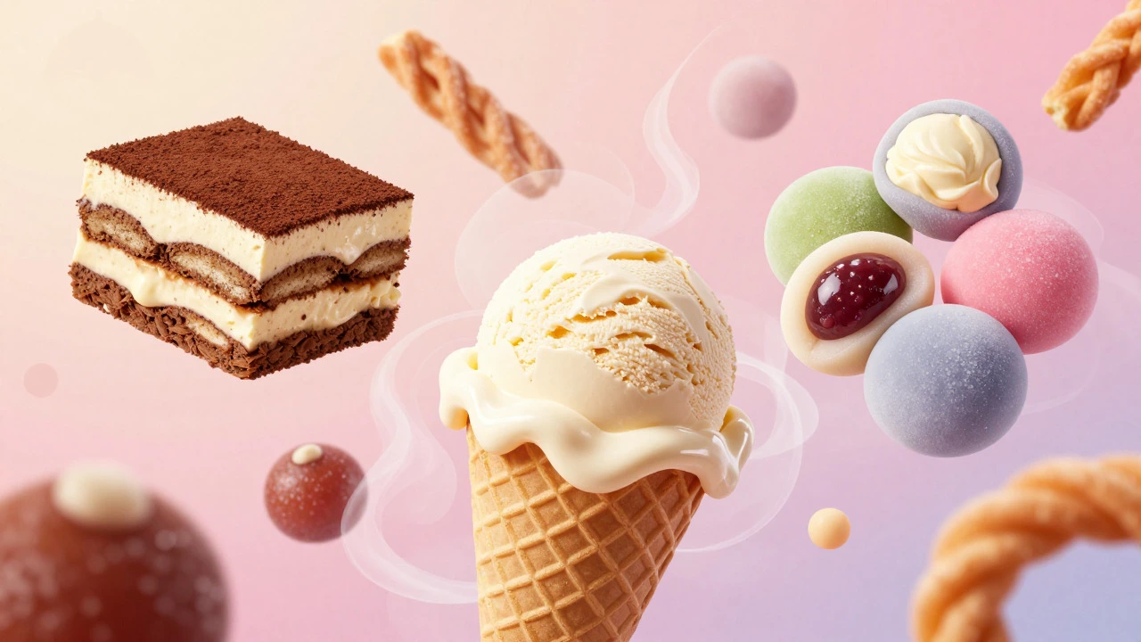 Illustration of ice cream, tiramisu, mochi, and churros floating together