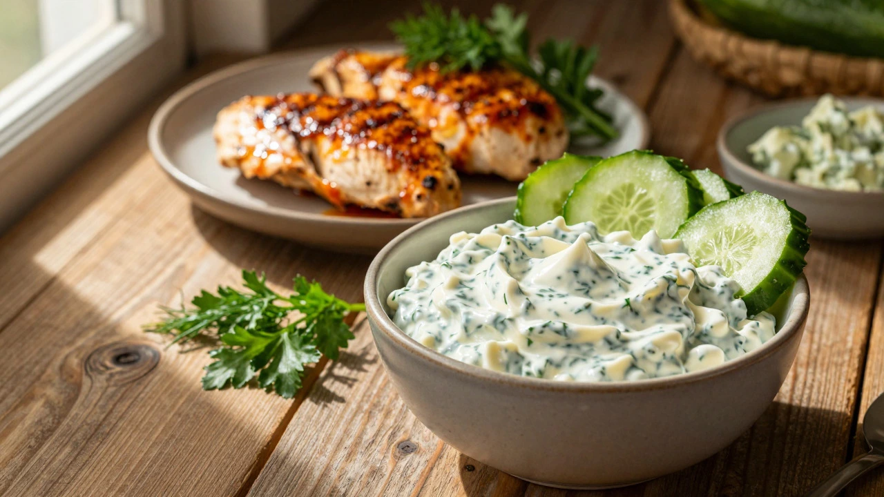 Keto-friendly dishes including cucumber dip and marinated chicken with mayo