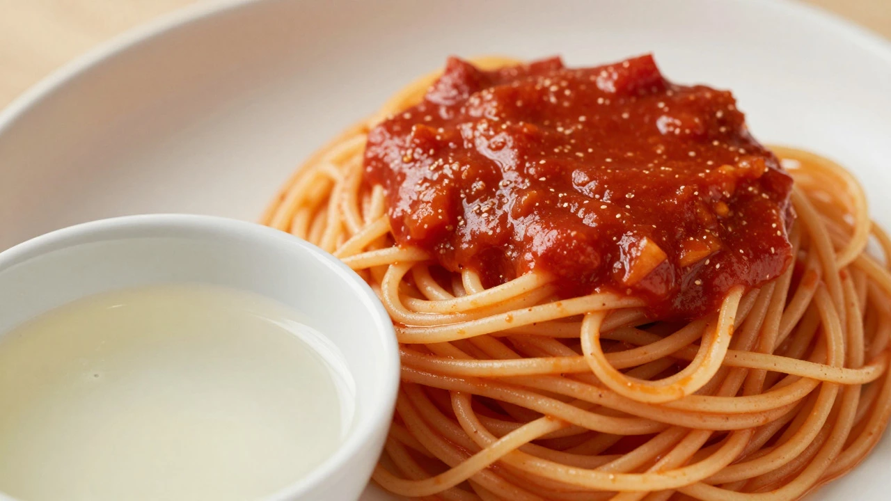 Plate of spaghetti with sauce clinging well next to a bowl of starchy pasta water