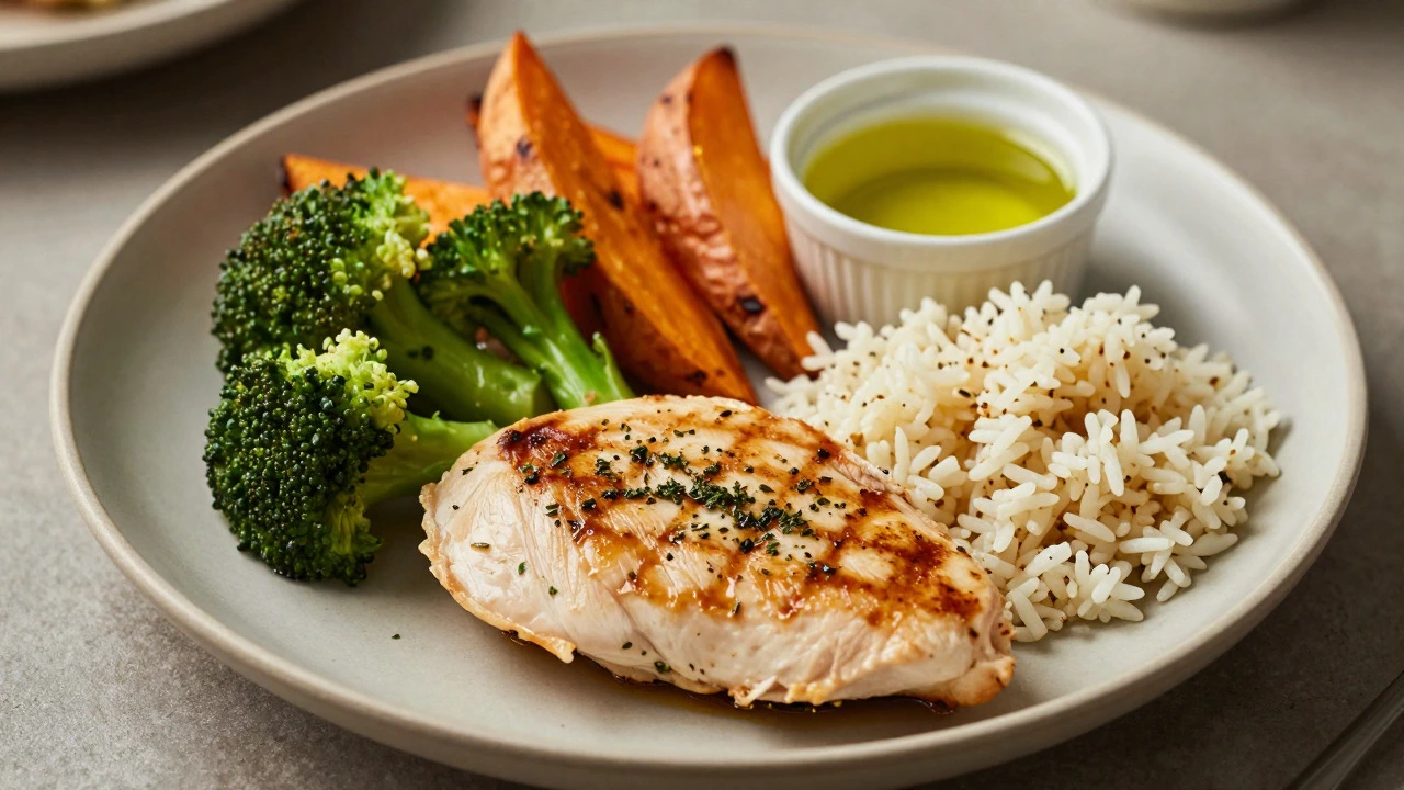Plated meal with grilled chicken, rice, broccoli, and sweet potatoes
