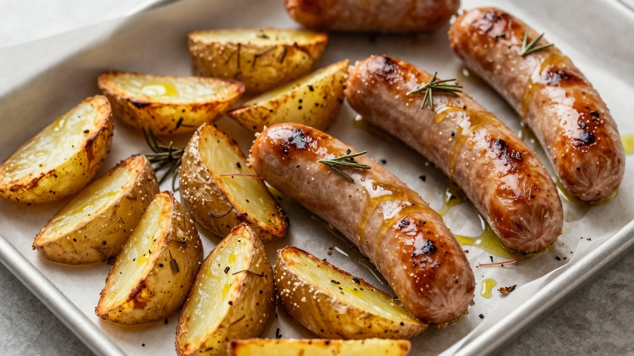 Roasted potatoes and sausages on a baking sheet with herbs