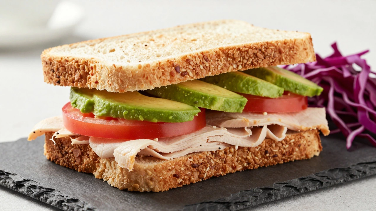 Turkey and avocado sandwich on whole-grain bread with red cabbage