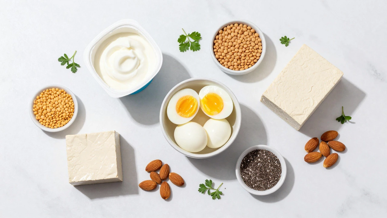 Variety of vegetarian protein sources like eggs, yogurt, and lentils