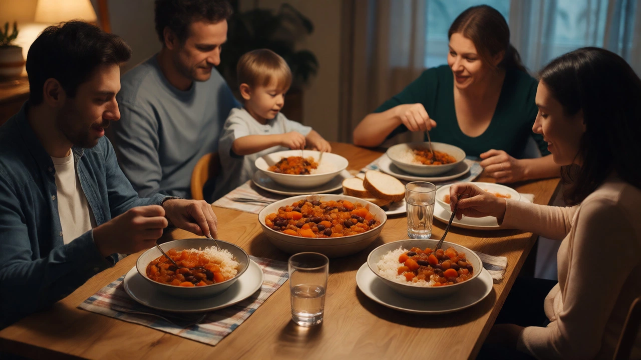 A family enjoying a simple, budget-friendly meal together at dinner.