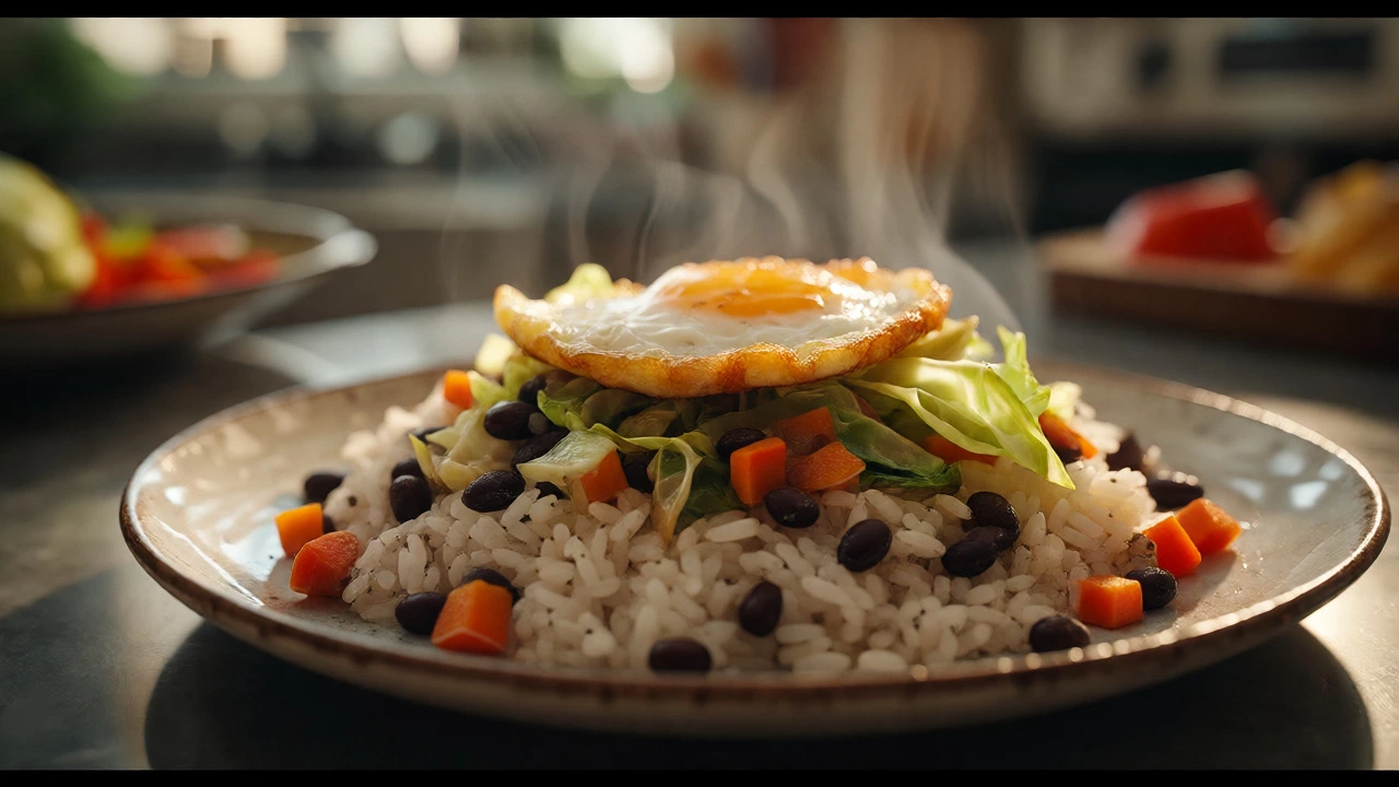 A fried egg served over rice and beans with sautéed vegetables.