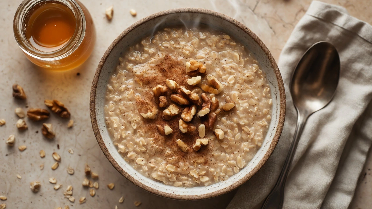 Bowl of steel-cut oats with nuts and cinnamon