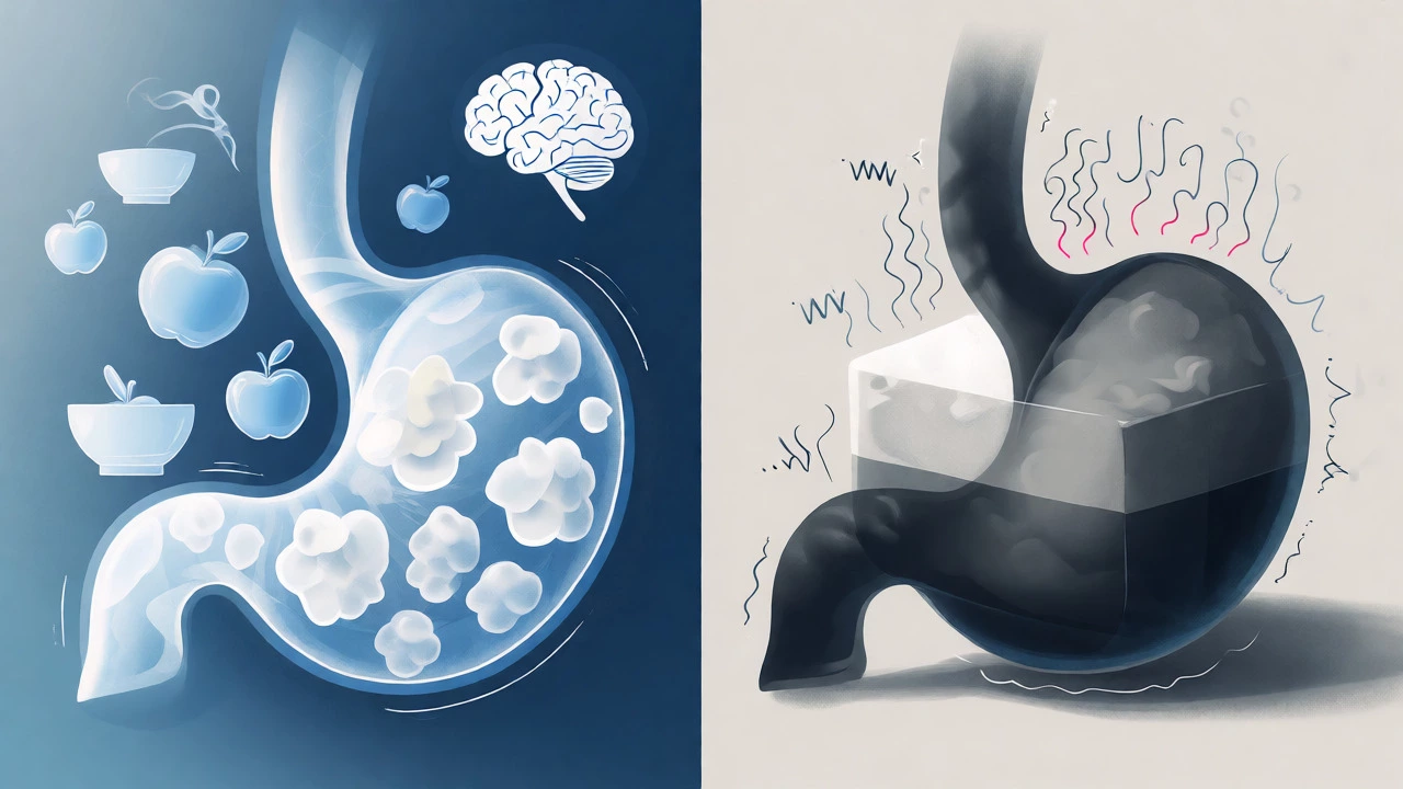 Conceptual art comparing stomach stretching from high-volume foods vs dense calories