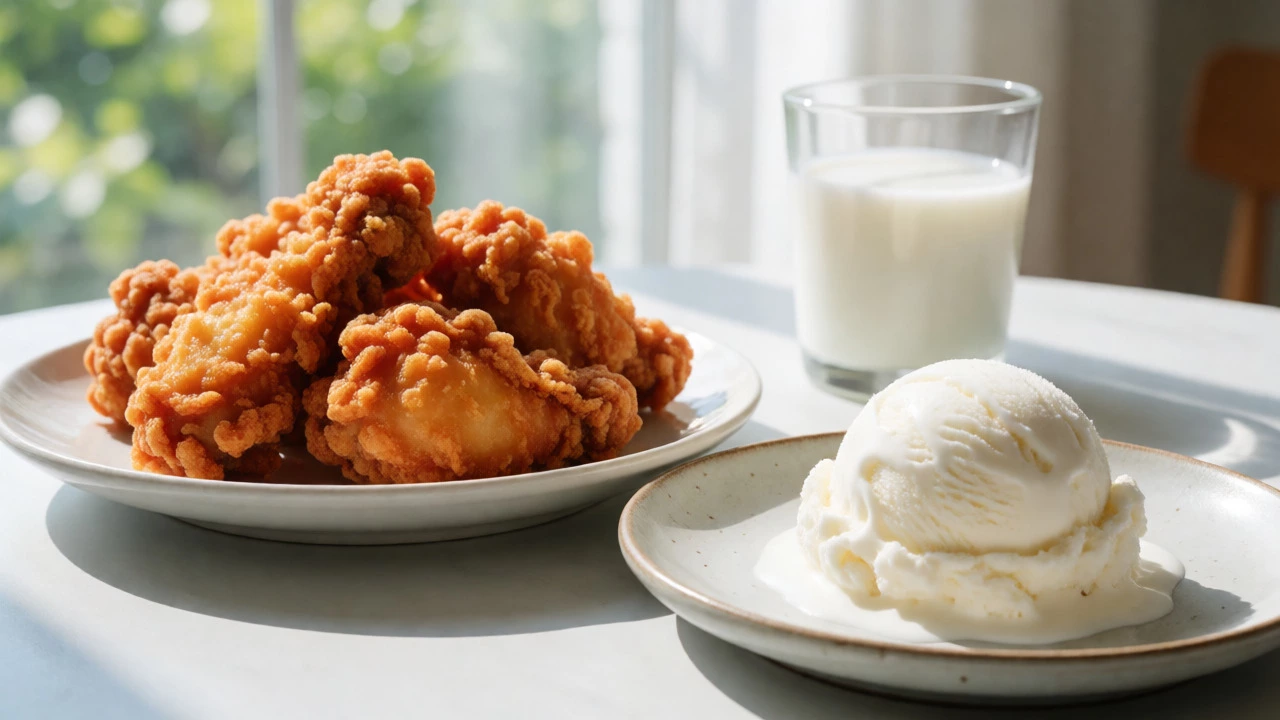 Crispy fried chicken served alongside melting vanilla ice cream