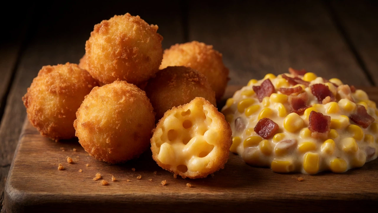 Deep-fried mac and cheese balls and creamed corn