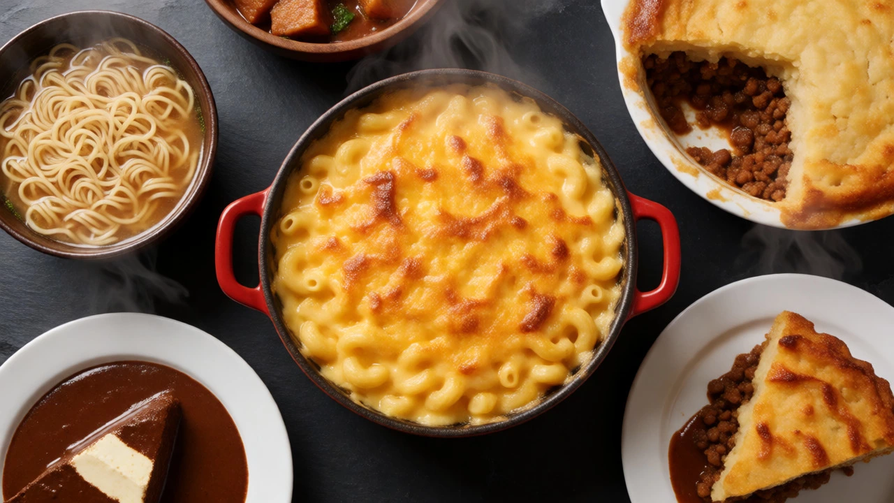 Flat lay of global comfort foods including mac and cheese, ramen, and mole