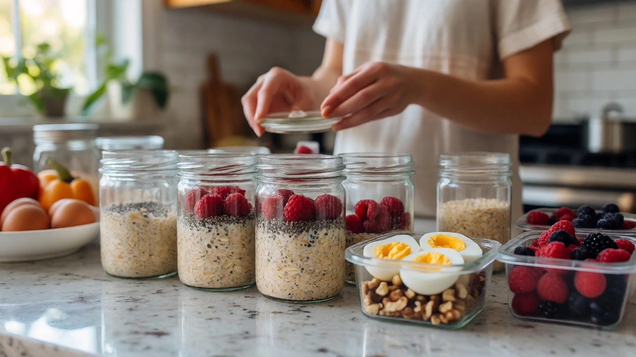 Glass jars of overnight oats and prepped ingredients on a counter
