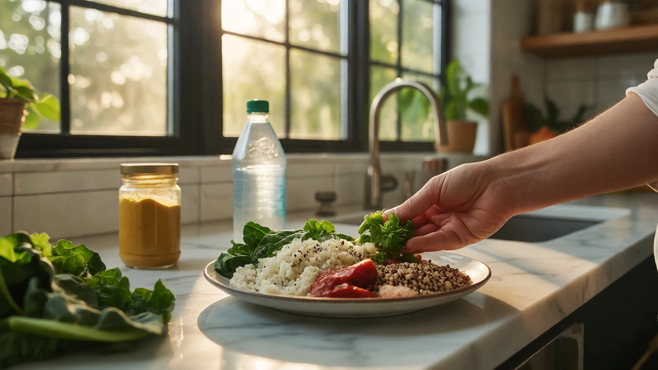 Hands plating healthy swaps like quinoa and cauliflower rice