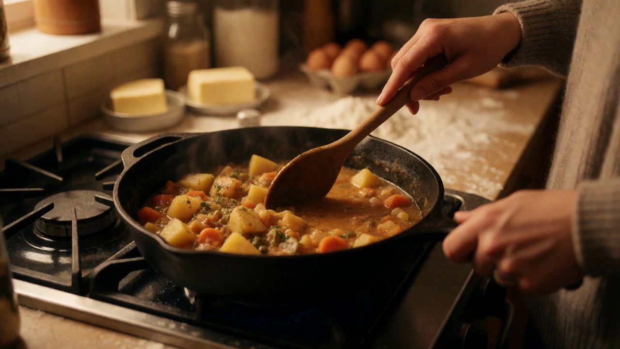 Hands stirring a hearty stew in a cast-iron skillet in a warm kitchen