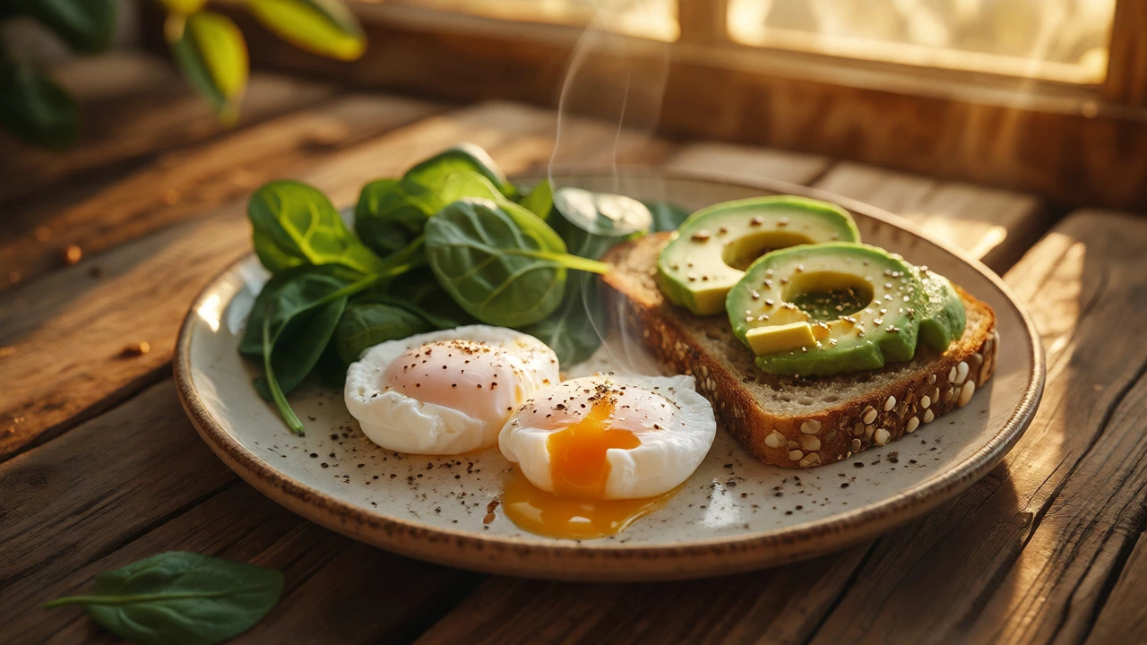 Healthy breakfast plate with eggs, avocado, and spinach