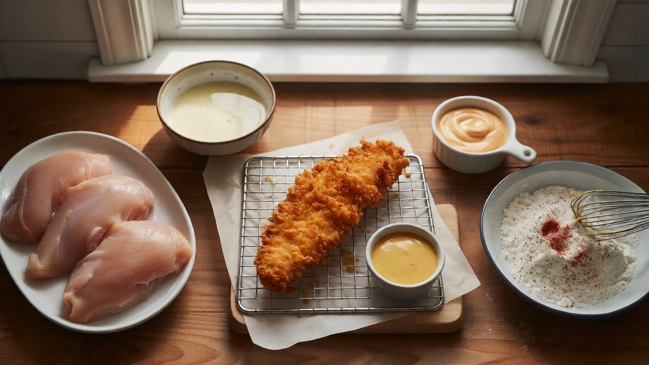 Home cooking setup with raw chicken, buttermilk, and seasoned flour.